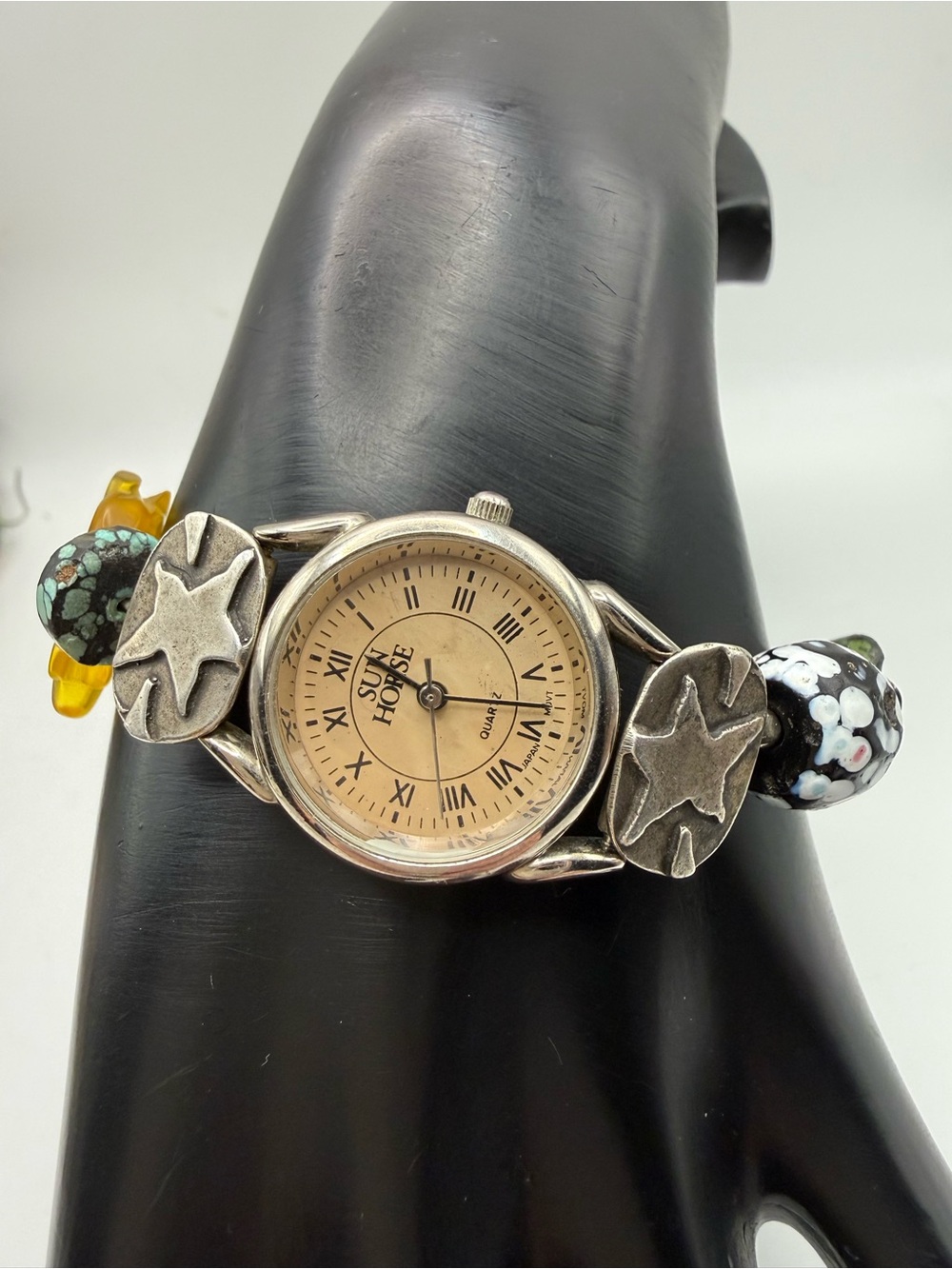 Jes MaHarry Silver Hearts Vintage Sun Horse Trade Bead Gemstone Watch
